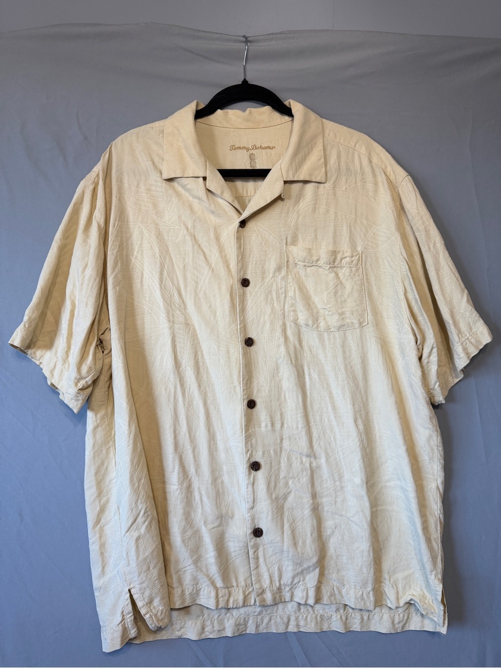 Tommy Bahama Mens Silk Short Sleeve Camp Shirt Size L Yellow Textured Vacation